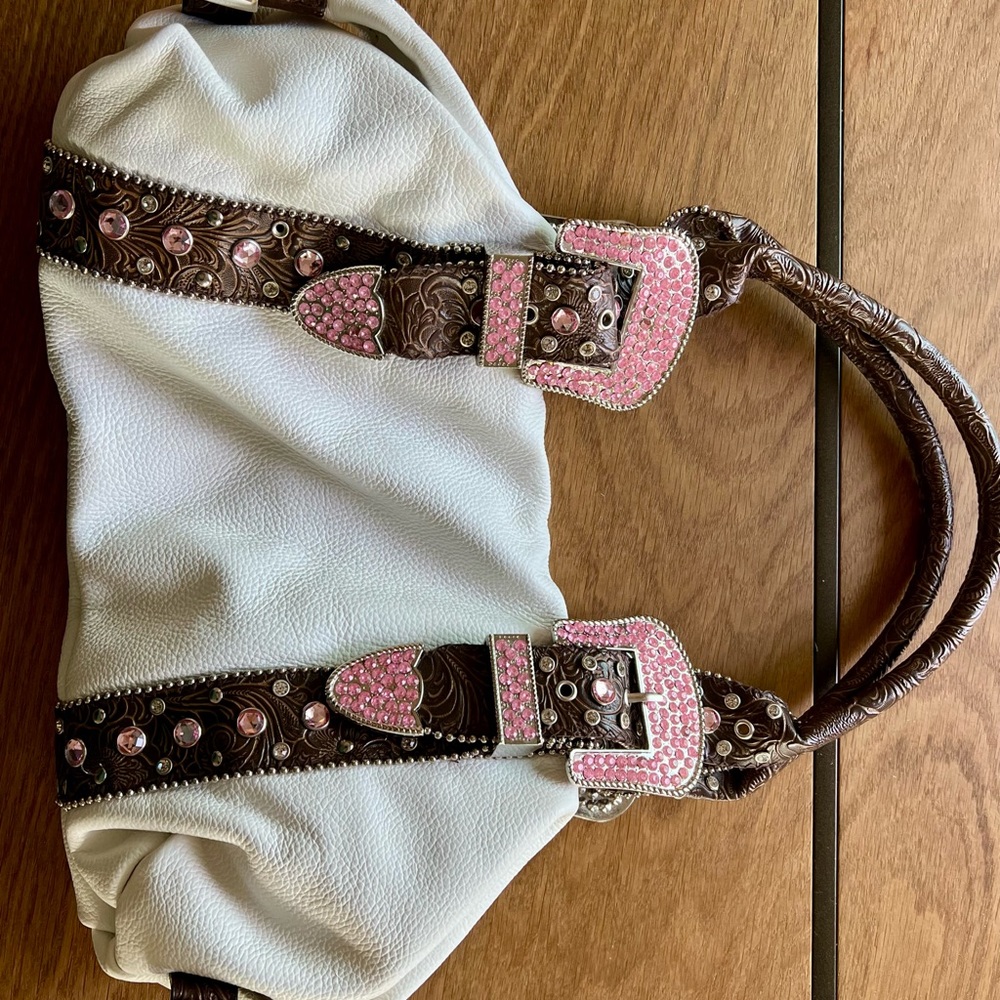 White leather with pink rhinestones shoulder bag
